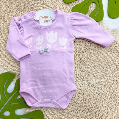 Kit 3 Peças - Bodys Manga Longa Passarinha com Flores - Rosa e Lilás